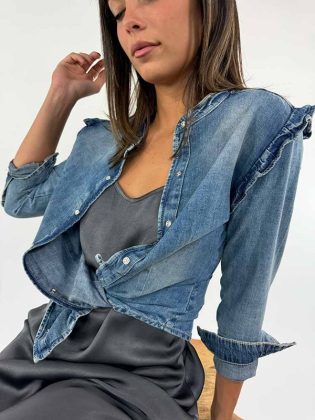 Camicia coreana in jeans ruche spalla
